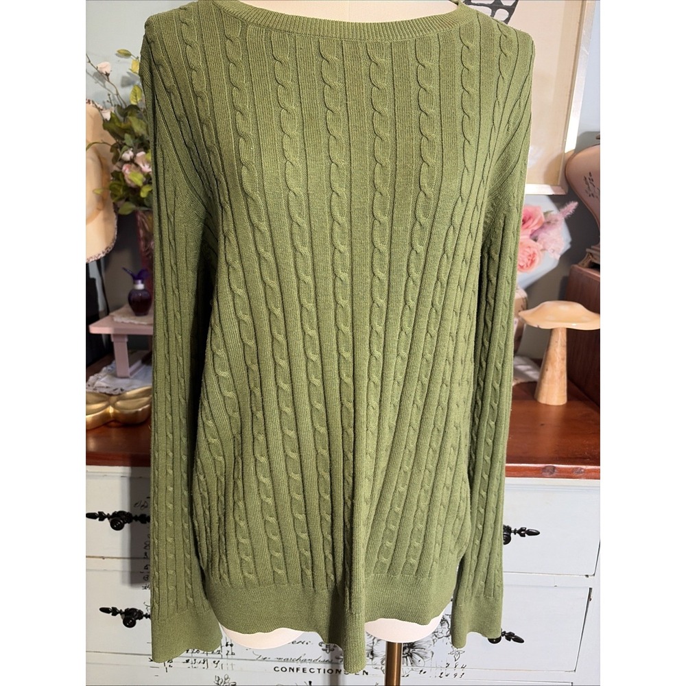 Talbots Cotton Wool Blend Green Crew Neck Cable Knit Sweater Pullover Size Large